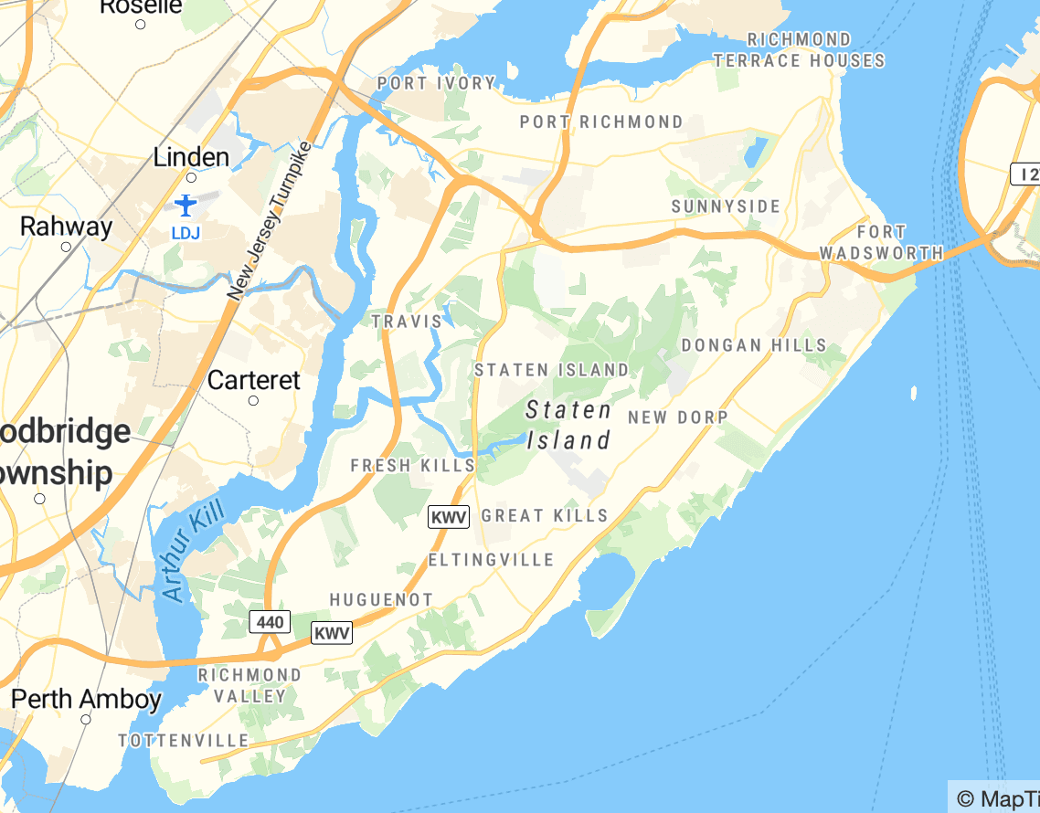 Map of Staten Island showing pinned Black and minority-owned businesses across categories